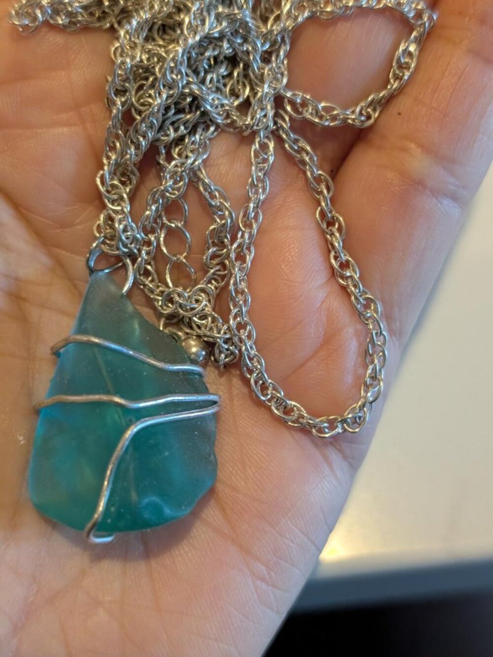 Pretty Large Aqua Blue Sea Glass Wire Wrapped Pendant Necklace